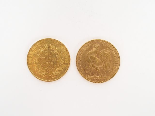 2 pièces de 20 Francs or, Napoléon Bonaparte tête nue1852-A et Mariann