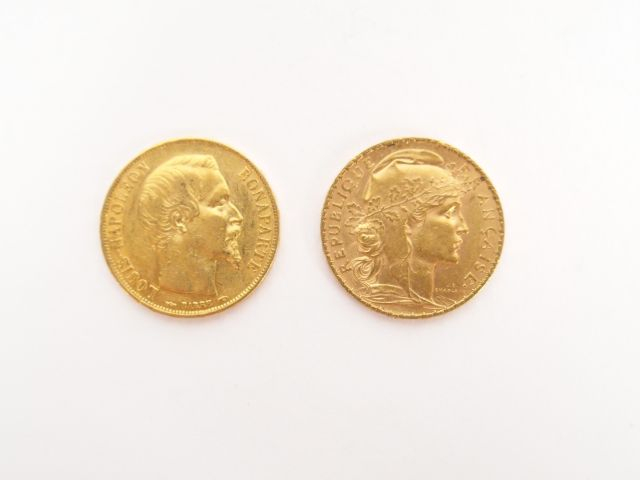 2 pièces de 20 Francs or, Napoléon Bonaparte tête nue1852-A et Mariann