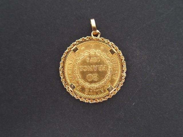 Pièce de 20 Francs or 1875-A, Dupré, montée en pendentif. Poids: 8,1gr