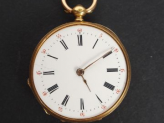 Vente aux enchères Montre de  à col en or jaune, cylindre 8 rubis, cadran émail, décor ém