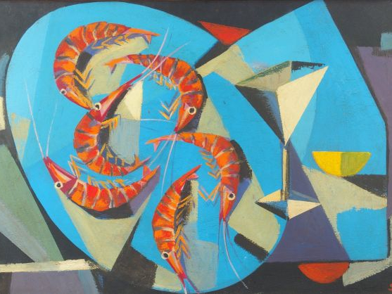 Seif WANLY 'Nature morte aux gambas et à la coupe'. Huile sur papier, 