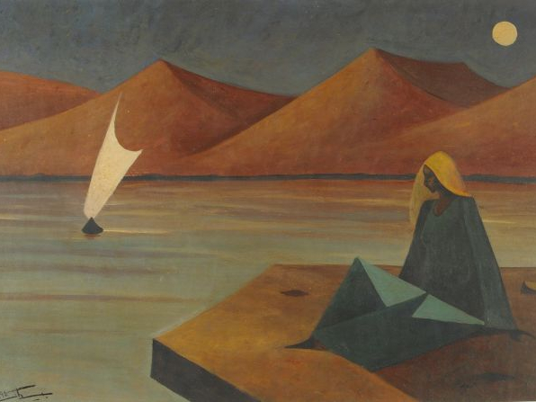 Hussein BICAR 'Marine au clair de lune'. Huile sur papier signée en ba