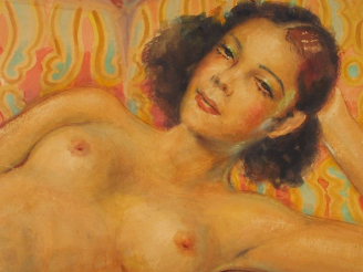 Vente aux enchères Ibrahim EZZAT  'Nue'.  Aquarelle, signée en bas à droite et datée (pli