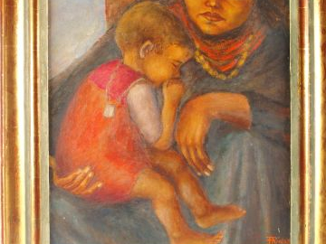 P. RICHARD 'Maternité'. Huile sur carton, signée en bas à droite. 63 x