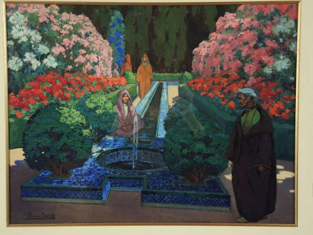Yvonne HERZIG 'Jardin animé d'Afrique du Nord'. Gouache. Signée en bas