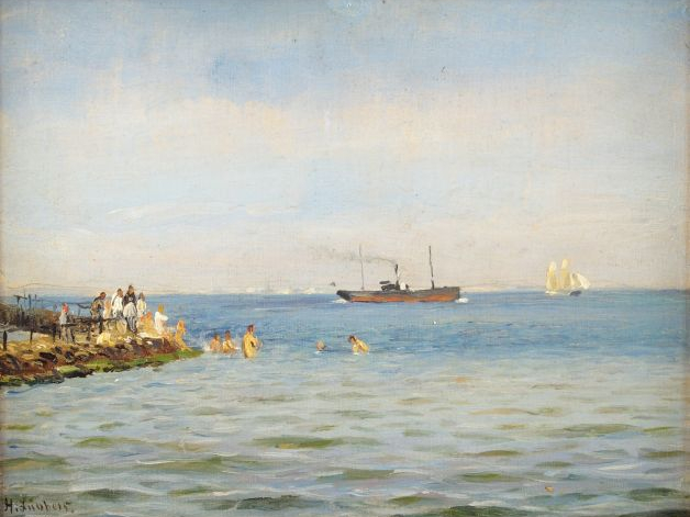 LUBBERS 'Marine et baigneurs'. Huile sur toile, signée en bas à gauche
