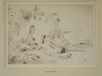 Vente aux enchères Charles GUERIN 'Elégantes'. Lavis. Signé en bas à droite. 19 x 25 cm