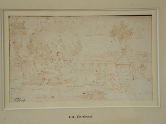 Vente aux enchères Charles GUERIN 'Elégante et son chien sur le perron'. Lavis. Monogramm