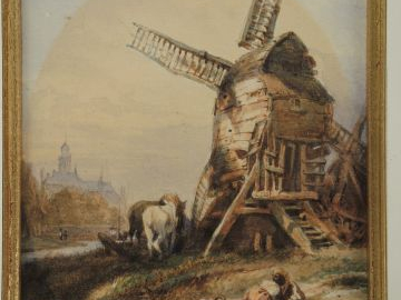 DE LINIERE 'Paysage animé au moulin'. Aquarelle, signée en bas à gauch