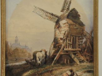 Vente aux enchères DE LINIERE 'Paysage animé au moulin'. Aquarelle, signée en bas à gauch