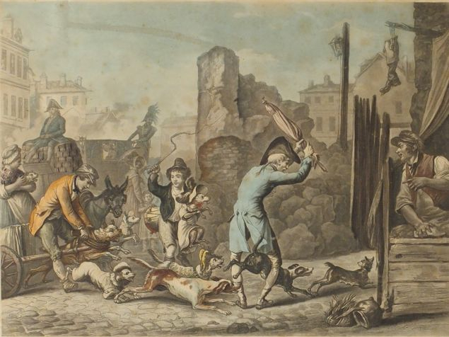 VERNET. Gravure en couleurs 'La chasse des chiens en désordre', cadre 
