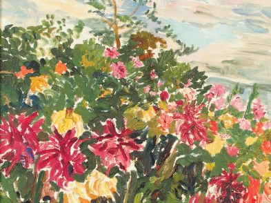 Mario CAVAGLIERI 'Massif de dahlias'. Huile sur toile, signée en bas à