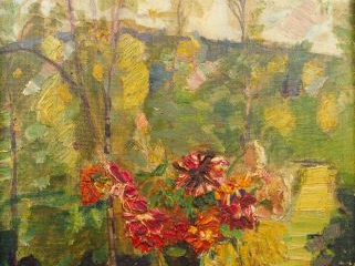 Mario CAVAGLIERI 'Bouquet de fleurs sur un entablement devant le parc'
