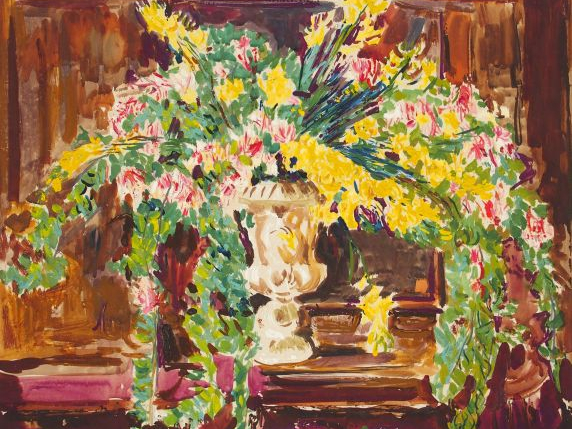 Mario CAVAGLIERI 'Bouquet de fleurs dans un vase Médicis'. Gouache sig