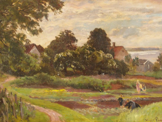 Vente aux enchères PEDERSEN. "Jeunes femmes au champs".  Huile sur toile, signée en bas à