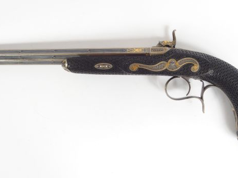 Extraordinaire paire de pistolets à percussion présentés dans leur com