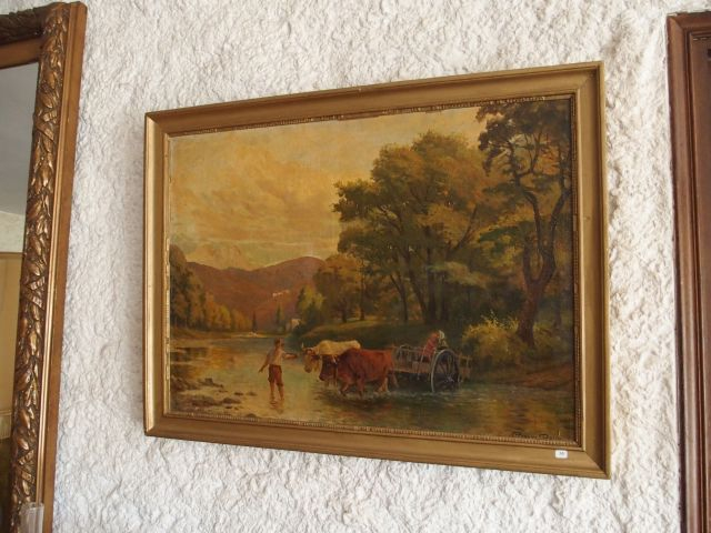 E. POUX. ' La traversée du gué'. Huile sur toile signée en bas à droit