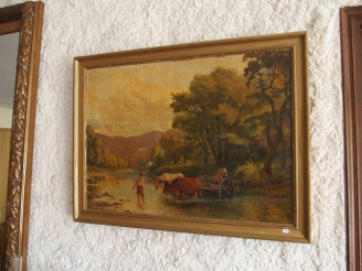 Vente aux enchères E. POUX. ' La traversée du gué'. Huile sur toile signée en bas à droit