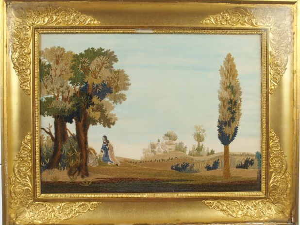 Soie brodée XIXe 'Personnage en prière dans un paysage'. 33 x 45 cm. D