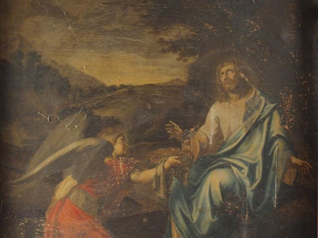 Ecole française XVIIIe.  "Le Christ et un ange".  Huile sur toile (mau