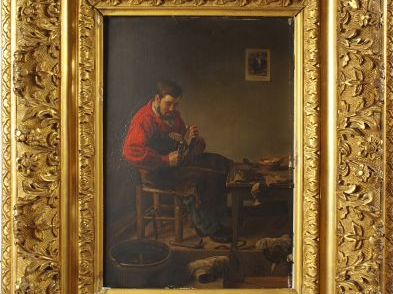 F. BONVIN 'Le sabotier'. Huile sur panneau signée en bas à droite et d