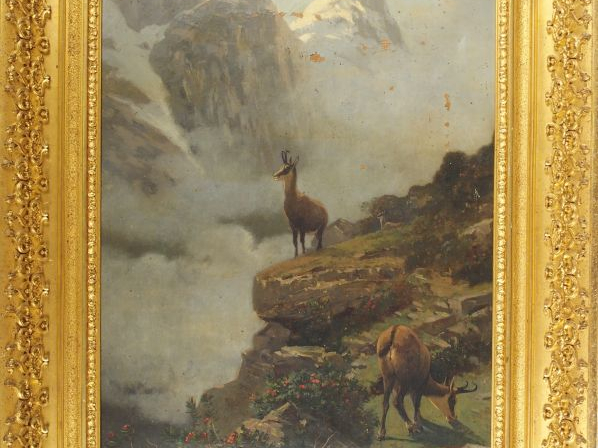 Ecole française XIXème. "Izards".  Huile sur toile, monogrammée en bas