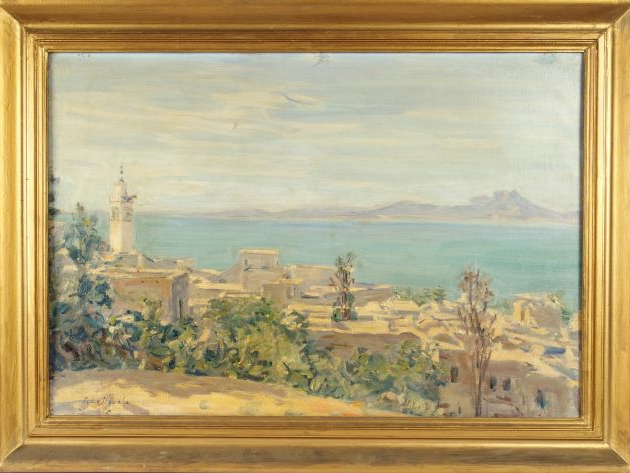J. LELLOUCHE 'Ville d'Afrique du Nord'. Huile sur toile, signée en bas