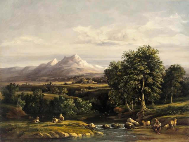 Ch. LAGER 'Jeune pâtre et son troupeau dans un paysage de montagne'. H