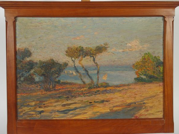 Henri MARTIN	 ‘Bord de mer aux pins parasols’. Huile sur panneau	 sign
