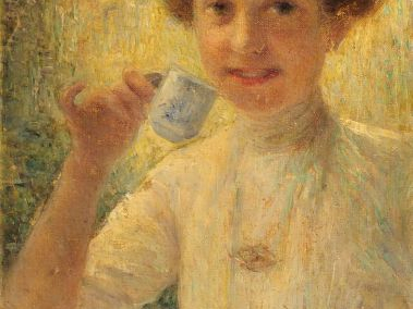 Corinna MODIGLIANI 'A l'heure du thé'. Huile sur toile marouflée, sign