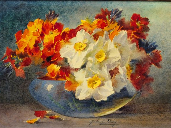 Blanche ODIN  'Bouquet de fleurs dans un vase bleu'. Aquarelle? Signée