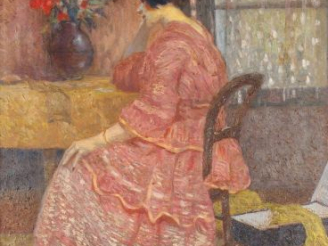 Vente aux enchères A. LAGARRIGUE 'La robe rose'. Huile sur toile, signée en bas à droite 