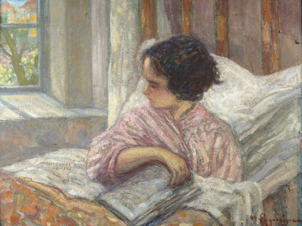 A. LAGARRIGUE ‘La petite convalescente’. Huile sur carton, signée en b