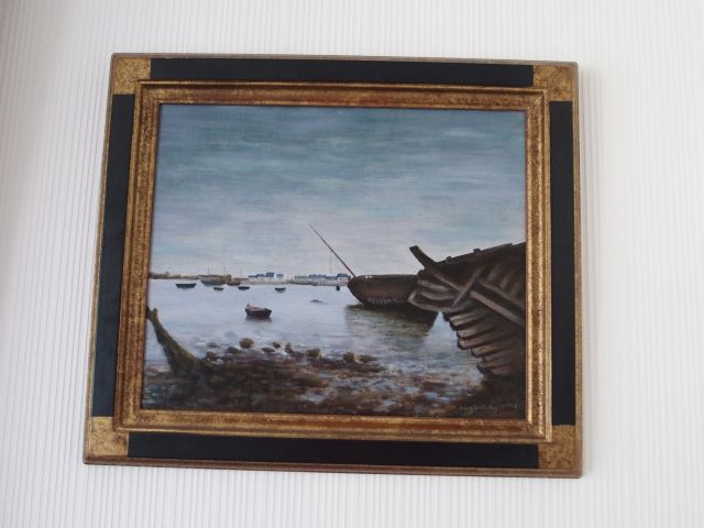 ASSENS "Bateau à marée basse". Huile sur isorel, signée en bas à droit