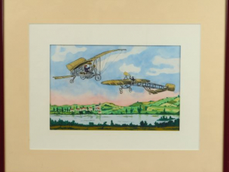 Vente aux enchères Ecole française. Aquarelle originale figurant deux aéroplanes en vol d