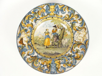 Vente aux enchères Plat italien XIXe en faïence à décor de bergers, d'animaux et de paysa