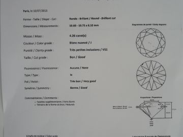 Brillant de 4,26 carats. J, VS1. Monture en platine. Poids :  6gr tel 