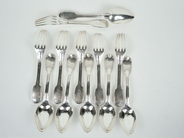 Suite de 6 couverts en argent, poinçon Vieillard, modèle à filet, mono
