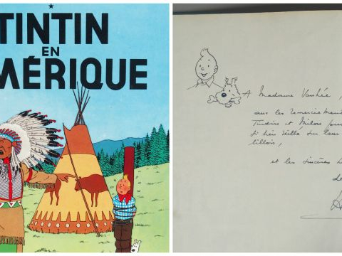 Album de "Tintin en Amérique" avec dédicace illustrée orginale d'Hergé