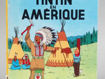 Album de "Tintin en Amérique" avec dédicace illustrée orginale d'Hergé