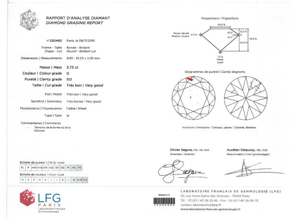 Diamant taille moderne de 3,73cts G-SI2, faible fluorescence, monté en