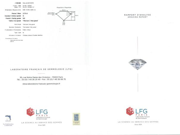 Diamant taille moderne de 3,73cts G-SI2, faible fluorescence, monté en
