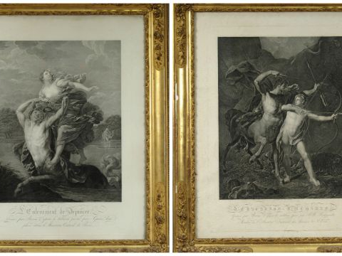 Paire de gravures en noir XIXe "L'enlèvement de Déjanire" et "L'éducat