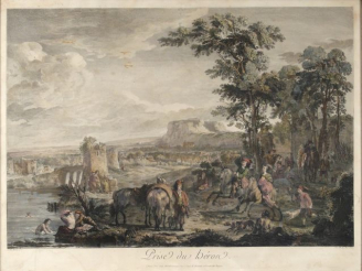 Vente aux enchères Gravure XIXe en couleur "Prise du héron", dans son cadre de style Loui