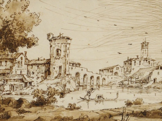 Vente aux enchères Ecole italienne fin XVIIIe-début XIXe,  "Paysage de vénétie".  Dessin 