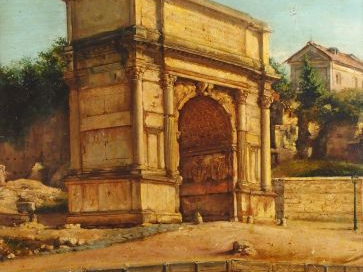 Ecole italienne XIXe, "Vue du Forum". Huile sur carton. 64 x 53,5 cm