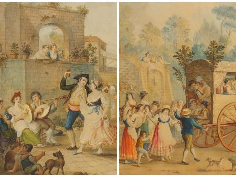 ALESSANDRO D'ANNA, "Scène de danse" et "Cortège joyeux". Aquarelles. U