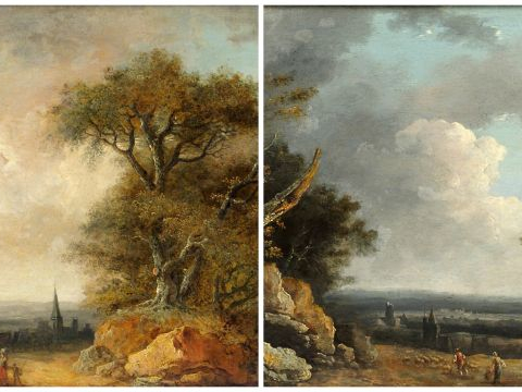 Ecole française début XIXe, "Paysages animés". Paire d'huiles sur pann