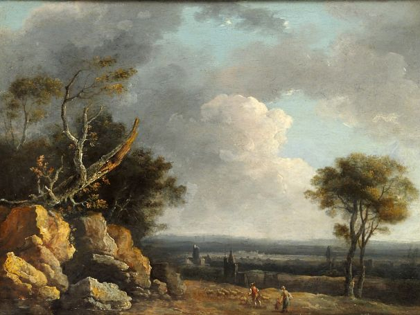 Ecole française début XIXe, "Paysages animés". Paire d'huiles sur pann