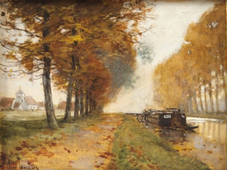 Vente aux enchères Ecole française début XXe, "Canal en automne". Aquarelle. Signée en ba